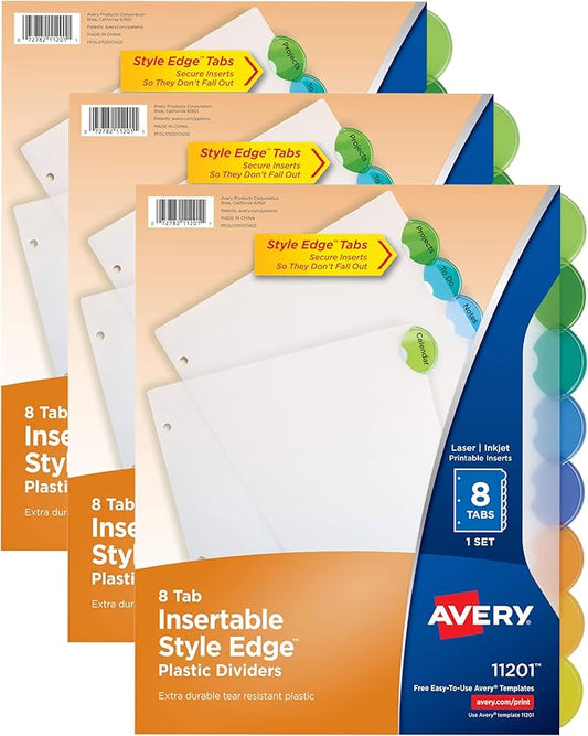 Avery Insertable Style Edge Plastic Dividers for 3 Ring Binders, 8-Tab Set, Multicolor, 1 Set (11201) (Pack of 3)