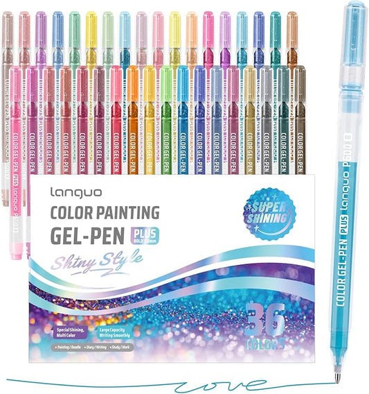 Glitter Gel Pens, 36 Pack Glitter Pens For Adults Coloring Books, 1.0mm Point Colored Pens, Large Capacity Ink Pens for Coloring, Writing, Drawing, Journaling, Note Taking, Office, Home