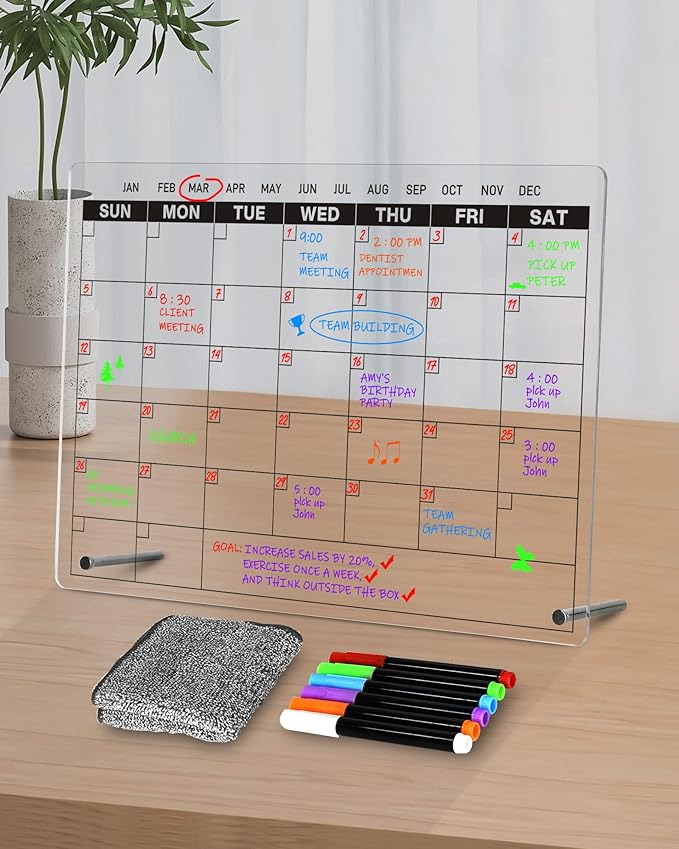 Acrylic Dry Erase Calendar Board to Do List Desktop Clear Memo Note Board, 9x13 Tabletop Whiteboard with Stand for Office, Home, School, Includes 6 Dry Erase Markers Black