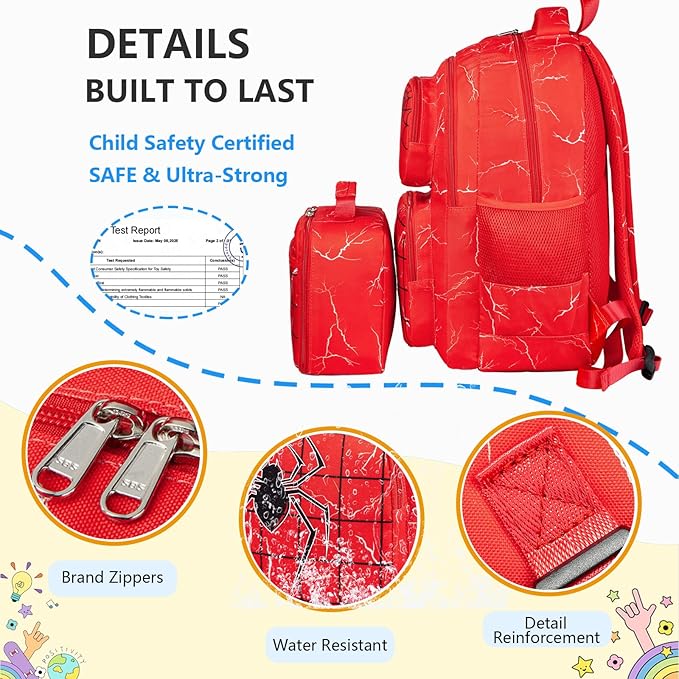 Boys Backpack with Lunch Box Glow in Dark Bookbag Kids Ages 4-12 Kindergarten Elementary School Spider Backpack, Luminous Spider Red
