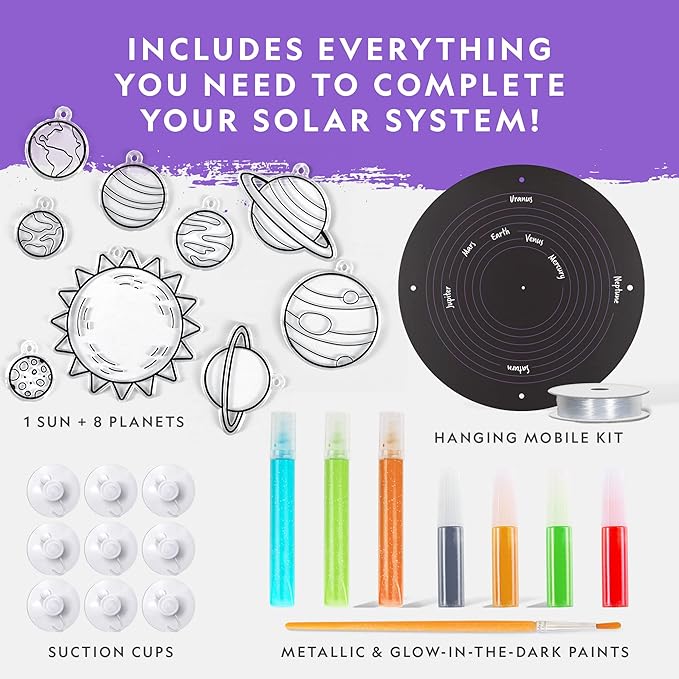 NATIONAL GEOGRAPHIC Kids Window Art Kit - Stained Glass Solar System Arts & Crafts Kit with Glow in The Dark Planets, Use as Window Suncatchers, Hanging Decor from Ceiling, Mobile, Space Room Decor
