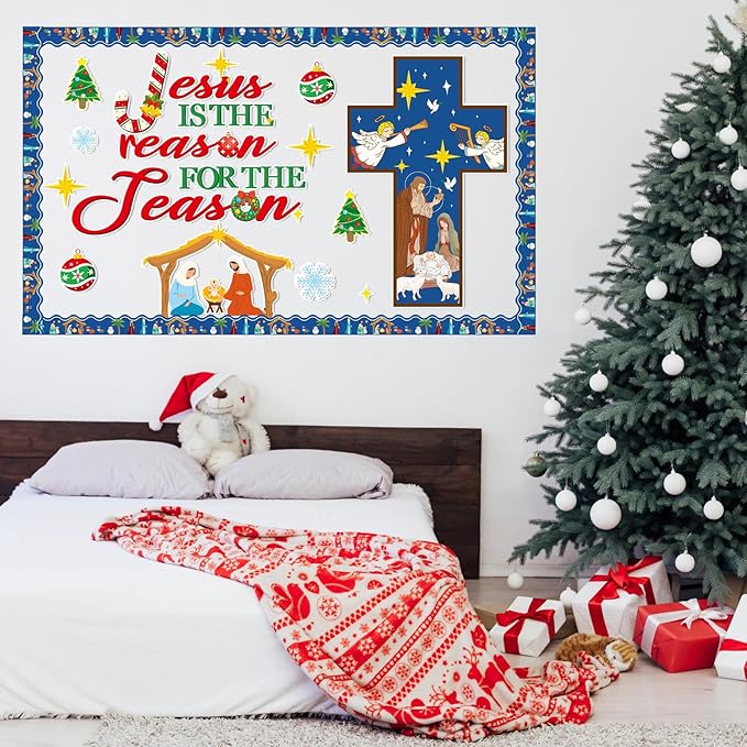 Christian Bulletin Board Decorations Jesus is The Reason for The Season Classroom Cutouts Christmas Nativity Religious Paper Decors for Xmas Holiday Sunday Church Chalkboard Wall Decor Supplies