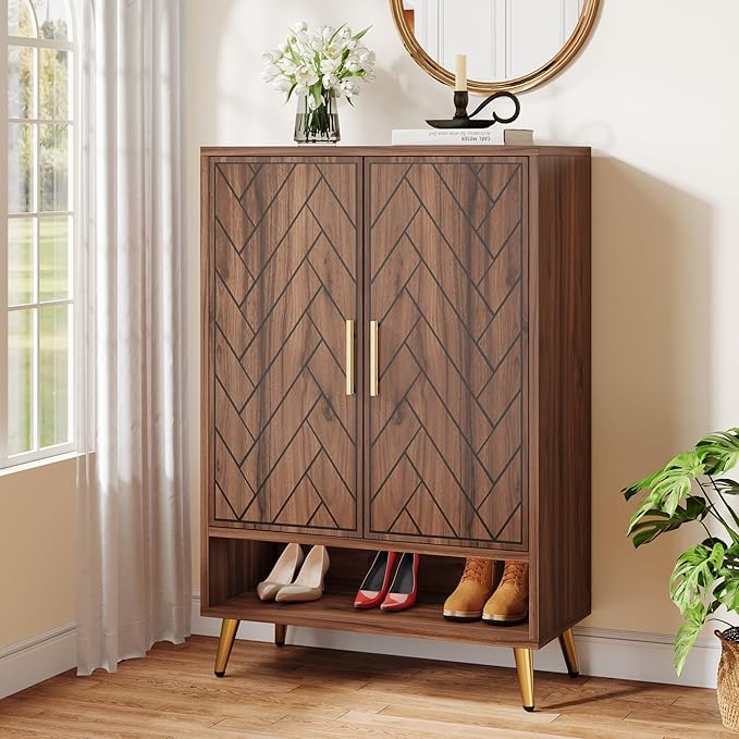 Tribesigns Entryway Shoe Cabinet with Doors, 6-Tier 24 Pairs Wooden Shoe Storage with Adjustable Shelves and Gold Legs for Living Room, Bedroom (Walnut)