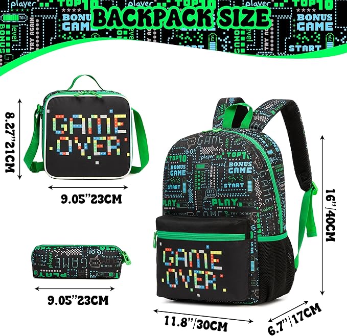 Game Backpack for School Boys Backpacks with Lunch Box Set Bookbag for Boys Travel Backpack Carry on Flight Approved Backpacks for School Kids