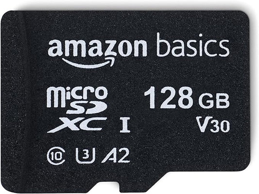 Amazon Basics Micro SDXC Memory Card with Full Size Adapter, A2, U3, Class 10, Read Speed up to 100 MB/s, 128 GB, Black