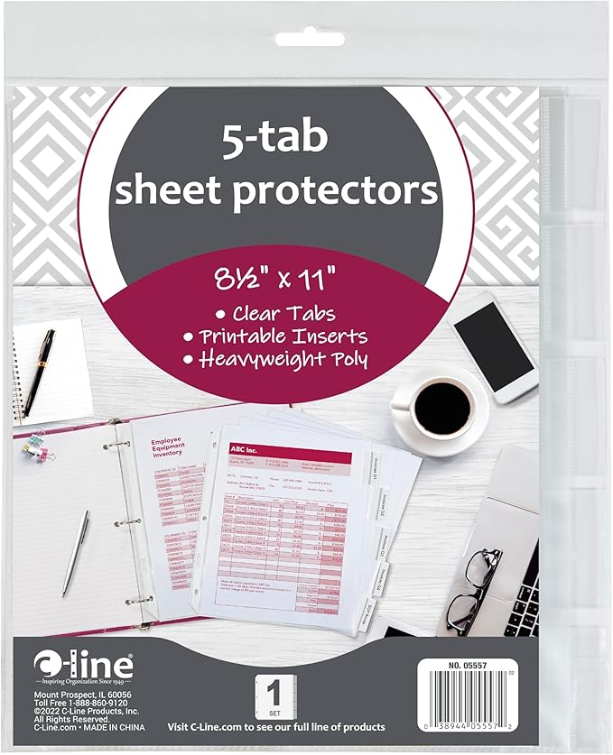 C-Line Polypropylene Sheet Protector with Index Tabs, Clear Tabs, 11 x 8.5 Inches, One 5-Tab Set (05557)