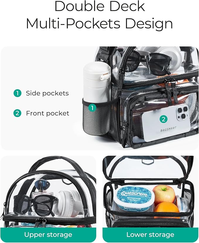 BAGSMART Stadium Approved Clear Bag 12"x6"x12", Double Deck Lunch Box, Convertible to Backpack, Waterproof PVC, Camel