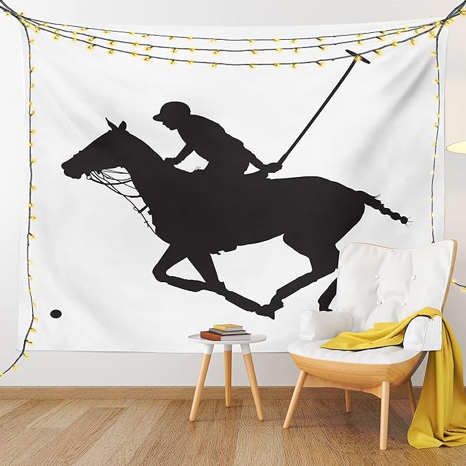 Ambesonne Sports Tapestry, Silhouette Illustration of Polo Player on a Horse Hitting a Ball Print, Fabric Wall Hanging Decor for Bedroom Living Room Dorm, 45" X 30", Charcoal Grey