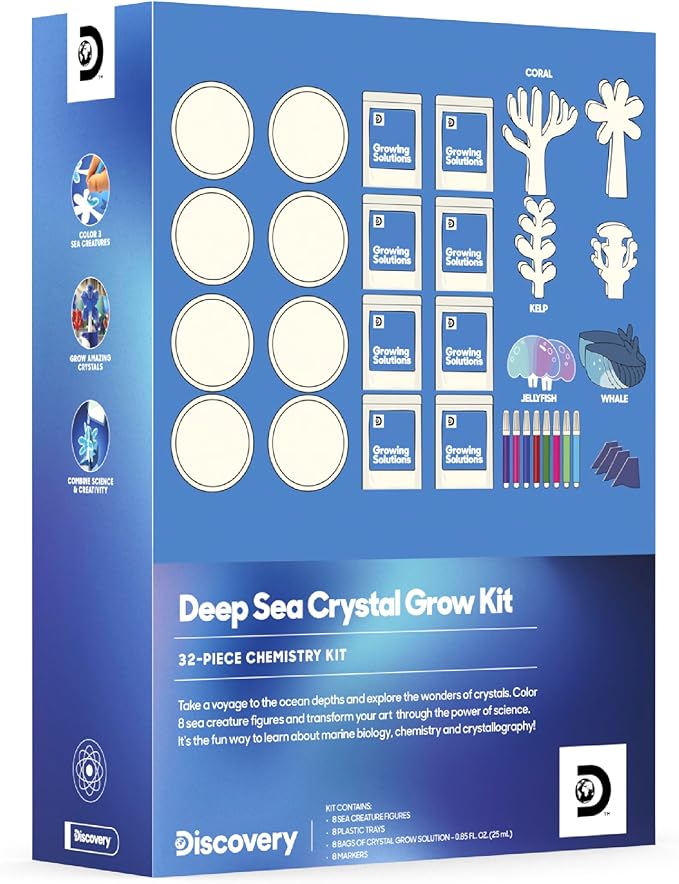 Discovery™ Deep Sea Crystal Grow Kit – 32-Piece STEM Chemistry Lab for Kids| Grow Colorful Crystals on 8 Sea Creatures| Educational Craft Kit with Art Supplies| DIY Science Activity Set Gift| Ages 8+