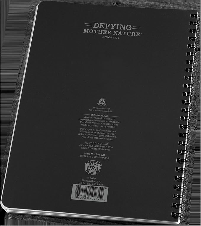 Rite in the Rain Weatherproof Side Spiral Weekly Planner, 6.625" x 8.5", Black Cover, Undated Calendar (No. P52-LG)