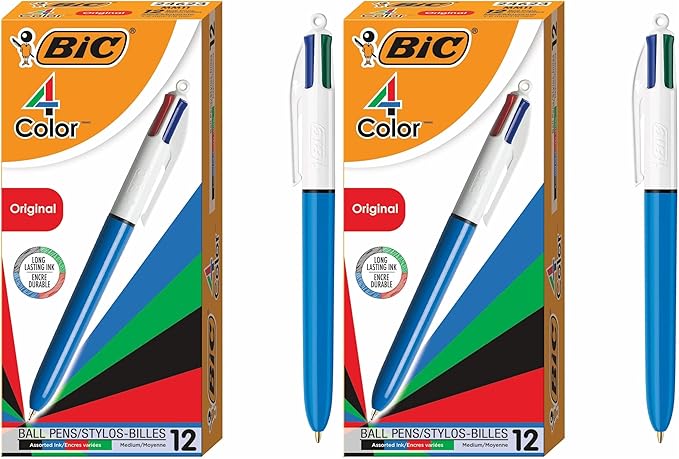 BIC 4-Color Retractable Ballpoint Pens with 1.0 mm Medium Point and Assorted Ink Colors,Pack,(Pack of 24)