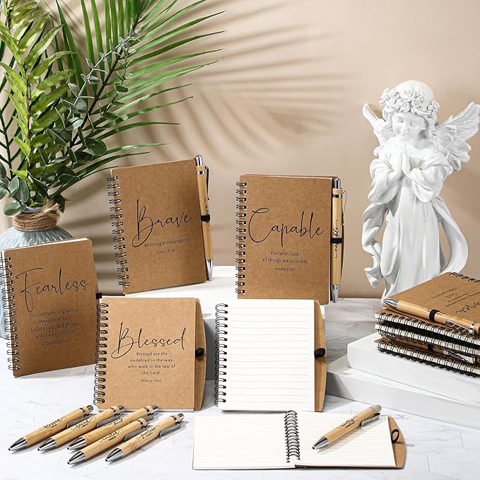 Kosiz 60 Sets Christian Gifts Bulk Inspirational Bible Verse Spiral Notebook and Religious Bamboo Ballpoint Pen Journal with Scripture for Easter Church Member First Communion Teacher Holy Week (Brown)
