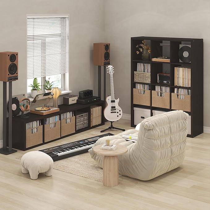 Furinno Cubicle Record Player Stand with Vinyl Storage, 12-Cube 1.2 Extra Thick Vinyl Record Storage, Open Back Media Shelf for CD DVD Blueray Game Disc, for Living Room, Home Office, Black Dark Oak