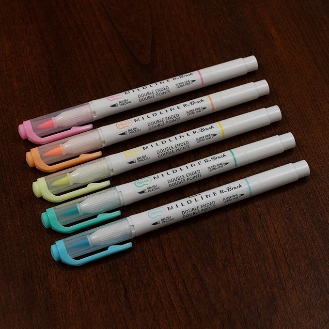 Zebra Pen, Mildliner Dual-Ended Brush Pens, 5 Assorted Colors, Brush and Fine Tips, Soft Mild Ink with No Bleed-Through, Water-Resistant Ink for Journaling, Calligraphy, Planners, 5-Pack (79105)
