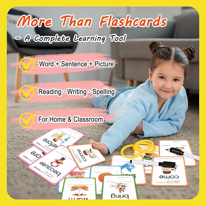 Goldge Sight Words Flash Cards Kindergarten, 220+ High-Frequency Words with Sentences Reading Writing Spelling Practice Cards with Dry Erase Markers, Learning Activities for Preschool Grade 1 2 3