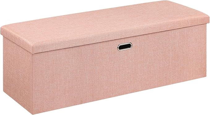 VECELO 43'' Folding Storage Ottoman Bench, End of Bed Linen Fabric Foot Rest Stool with Padded Seat, Large Footstools for Bedroom, Living Room, Load 660 lb, Pink