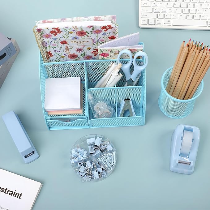 SKYDUE Blue Office Supplies Set, Office Desk Accessories, Mesh Desk Organizer, Stapler, Tape Dispenser, Scissors, Binder/Paper Clips and 1000pcs Staples, Office Supplies for Teacher