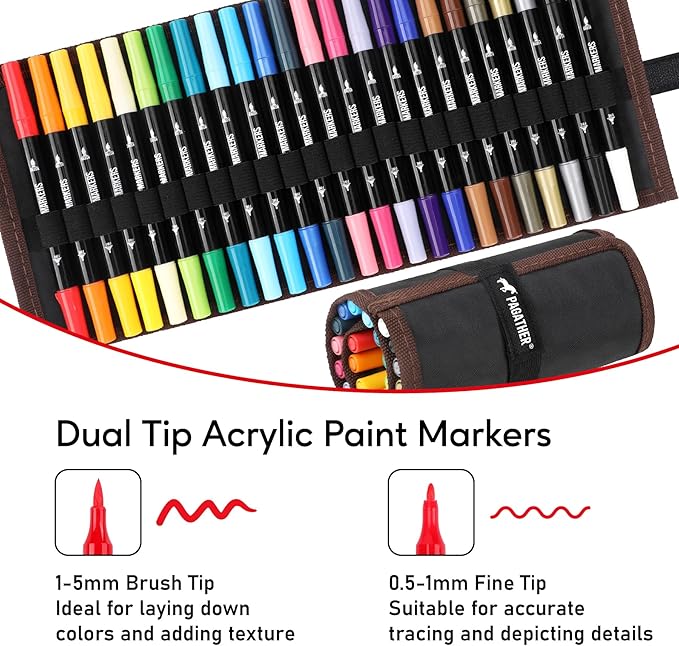 24 Colors Acrylic Paint Markers, Dual Tip with Fine Tip and Brush Tip Pens for Stone, Wood, Calligraphy, Canvas, Ceramic, Metal, Glass, Rock Painting, DIY Crafts Art Supplies Kit