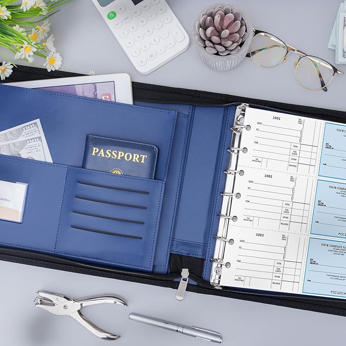 Antner Zippered 7 Ring Business Check Binder Portfolio for 3-Up Business Size Checks, PU Leather 7 Ring Checkbook Binder 600 Checks Capacity for 9" x 13" Sheets, Built-in Storage Organizer, Navy Blue