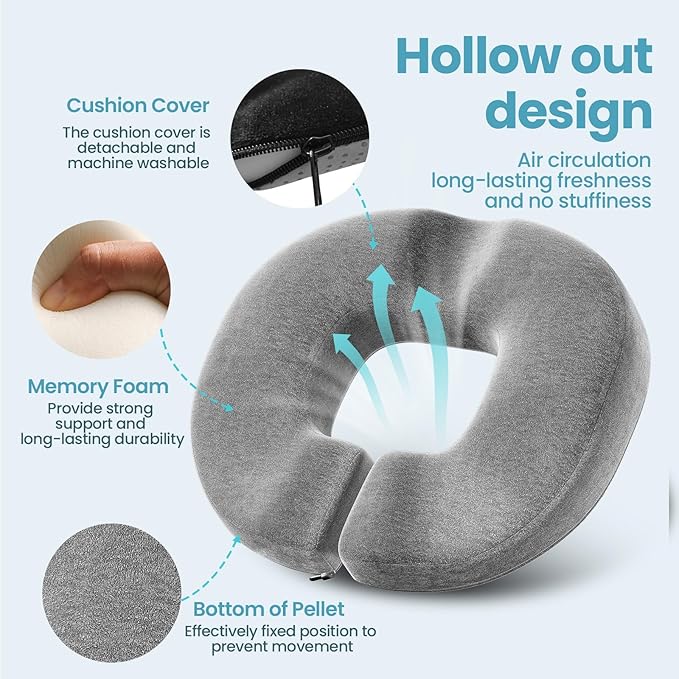 Benazcap Donut Pillow Seat Cushion, Donut Chair Cushions for Postpartum Pregnancy & Hemorrhoids, Memory Foam Seat Chair Cushion for Sciatica & Hip & Coccyx Pain Relief-Grey