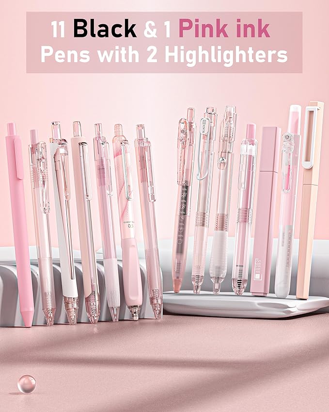 Four Candies Writing Ink Pens with Black & Pink Ink and 2Pack Highlighter, Cute Retractable 0.5mm Smooth Writing Pens,Pink Pens for School, Office Girly Stationery Aesthetic Desk Accessories Set of 14