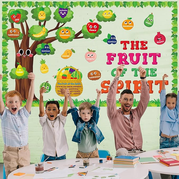 Fruit of The Spirit Bulletin Board Set Christian Classroom Decoration Religious Paper Cutouts Bibles Bulletin Board Border for Church Sunday Back to School Chalkboard Wall Decor Teacher Supplies