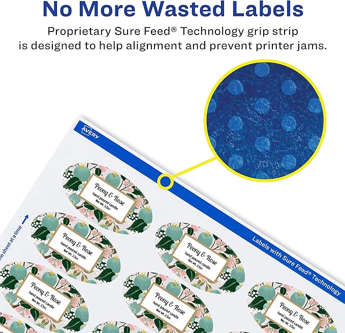 Avery Glossy White Oval Labels, Sure Feed Technology, 2" x 3-1/3", 200 Glossy White Labels, Print-to-The-Edge, Permanent Adhesive, Laser/Inkjet Printable