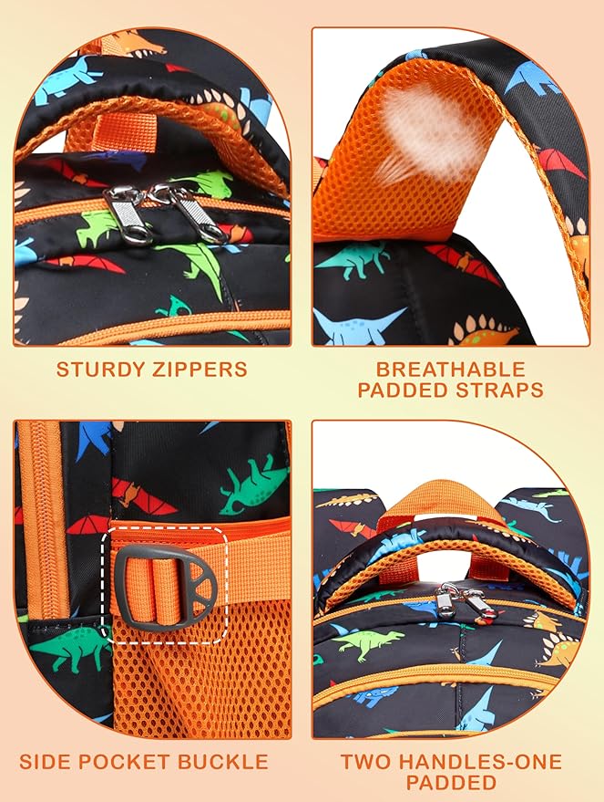 BLUEFAIRY Kids Backpack with Lunch Box for Girls Boys Elementary Primary Middle School Bag with Lunch Bag Set 17 Inch Bookbag Mochilas Escolares para Niñas Niños (Dinosaur, Orange)