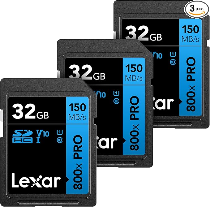 Lexar 32GB (3-Pack) High-Performance 800x PRO SD Card, UHS-I, C10, U1, V10, 4K, Up to 150MB/s Read Memory Card, for Point-and-Shoot & Mid-Range DSLR Cameras, HD Camcorders (LSD0800P032G-B3NNU)