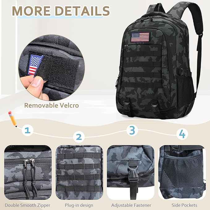 35L 19'' Camo Backpack for Boys - Waterproof Tactical Bookbag for 15.6" Laptop Sleeve & MOLLE System for School Camping Travel