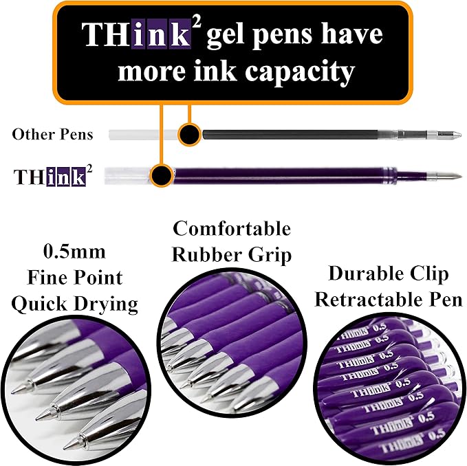 [24 Pens - Purple Ink] Think2 Retractable Gel Pens. (24 Purple) Fine Point (0.5mm) Rollerball Pens with Comfort Grip.