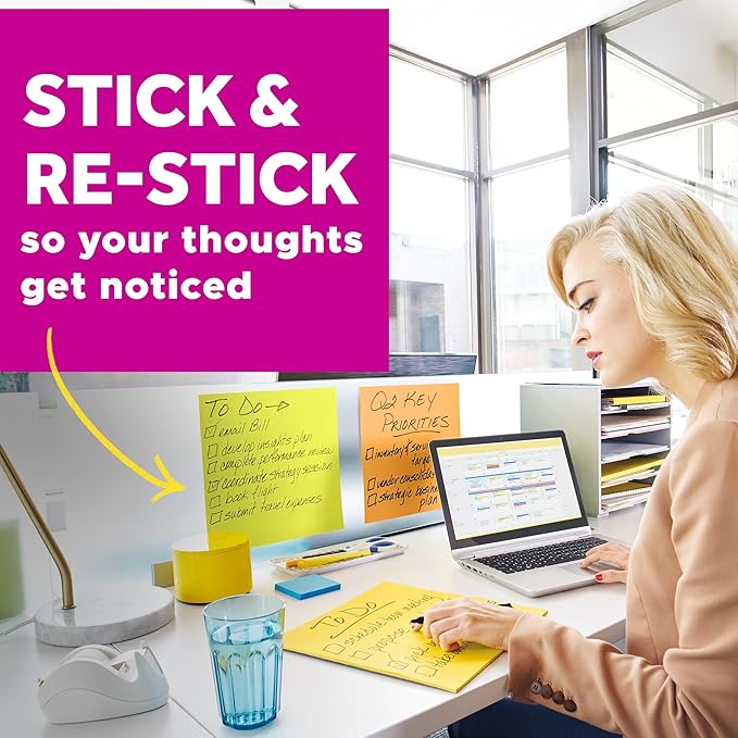 Post-it Super Sticky Big Notes, 8 in. x 8 in., Extra Large Sticky Notes in Papaya Fizz, 2 pads, 60 Sheets Total, Great for Vision Boards, Creative Projects, Study Spaces, Group Brainstorming, and More