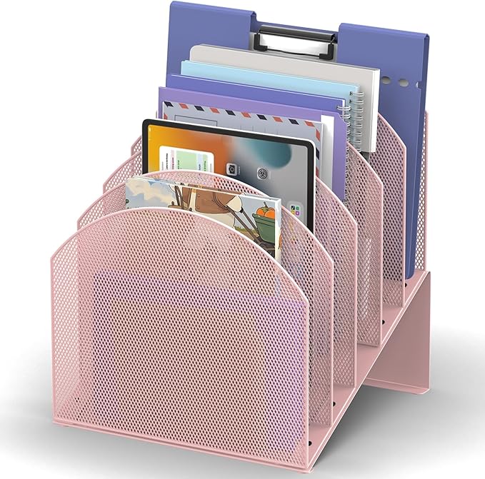 5-Section Desk File Organizer, Vertical File Organizer for Desk, Mesh Mail Holder for Letter Size Folders, Pink