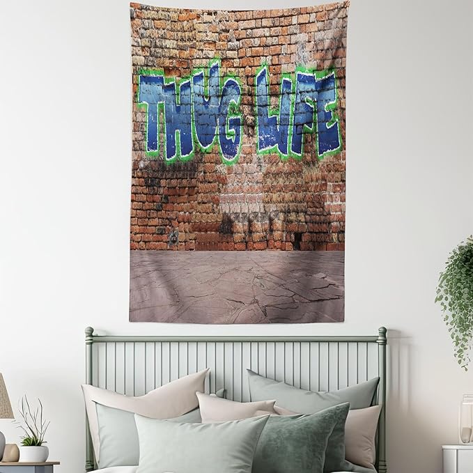 Ambesonne Thug Life Tapestry Queen Size, Graffiti Style Words on a Brick Wall Street Urban Art Hip Hop Rap Culture Theme, Wall Hanging Bedspread Bed Cover Wall Decor, 88" X 88", Brown Blue