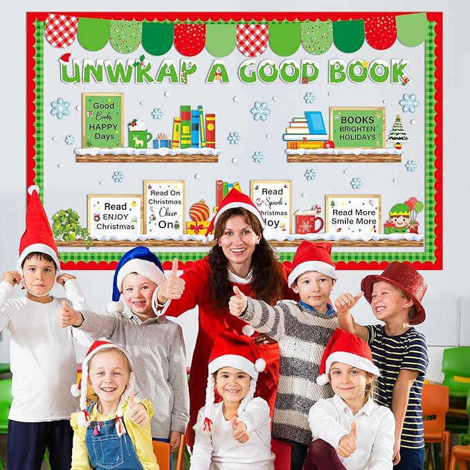 Christmas Bookshelf Bulletin Board Set Unwrap A Good Book Motivational Classroom Decor Reading Library Positive Paper Cutouts Red Green Bulletin Board Border for School Holiday Party Decor Supplies
