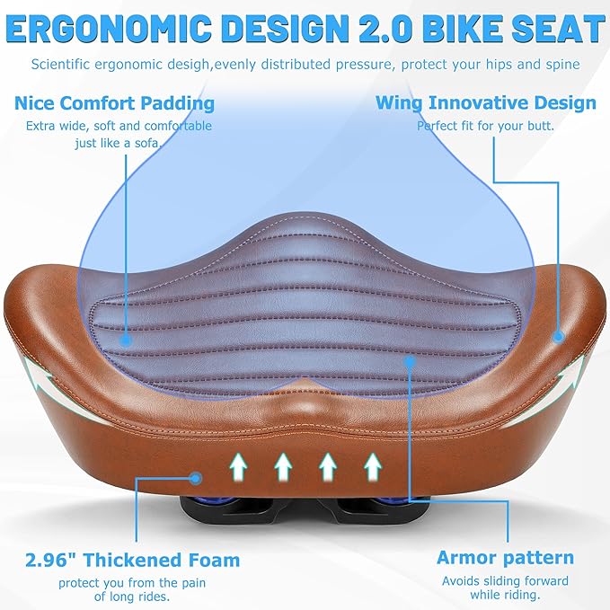 Noseless Oversized Bike Seat for Men Women Comfort, Extra Wide Padded Bicycle Seat Cushion, Large Comfortable Bike Saddle for Peloton, Stationary Exercise Bike, Beach Cruiser, City Bike, Ebike