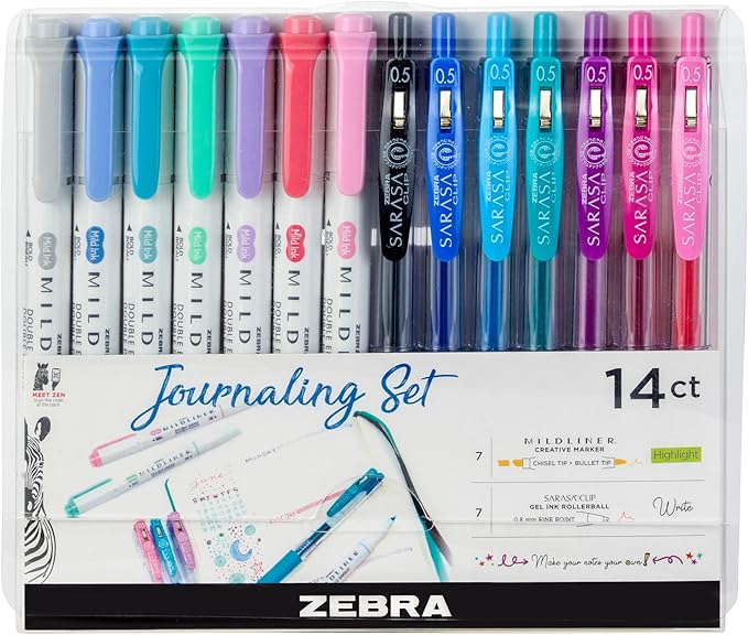 Zebra Pen Journaling Set, 14-Pack Assorted Colors, Includes 7 Mildliner Highlighters and 7 Sarasa Clip Gel Pens, Ideal for Bullet Journals, Planners, and Note-Taking (10014)