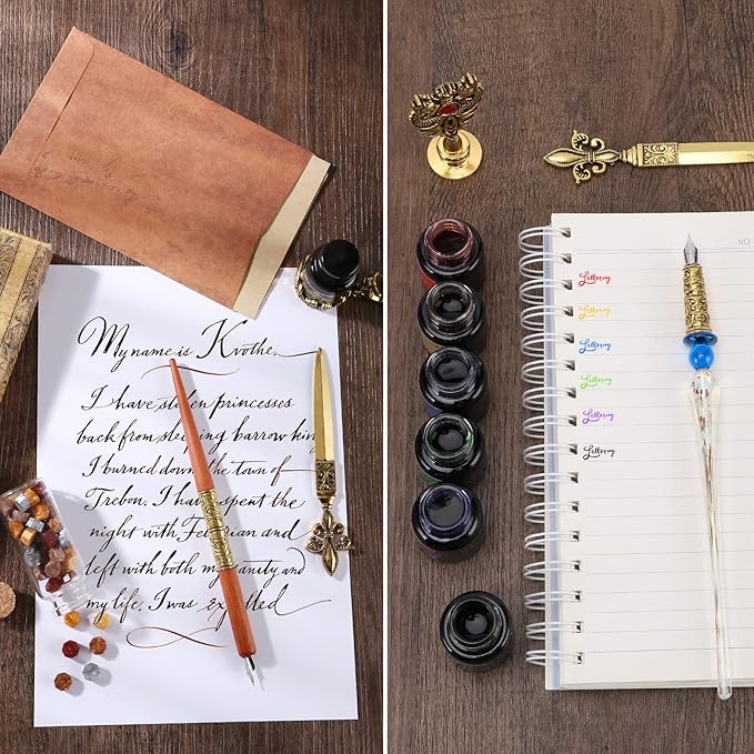 Quill Feather Pen and Ink Set, Calligraphy Pen Glass Dip Pen and Wax Seal Stamp Kit (Red)