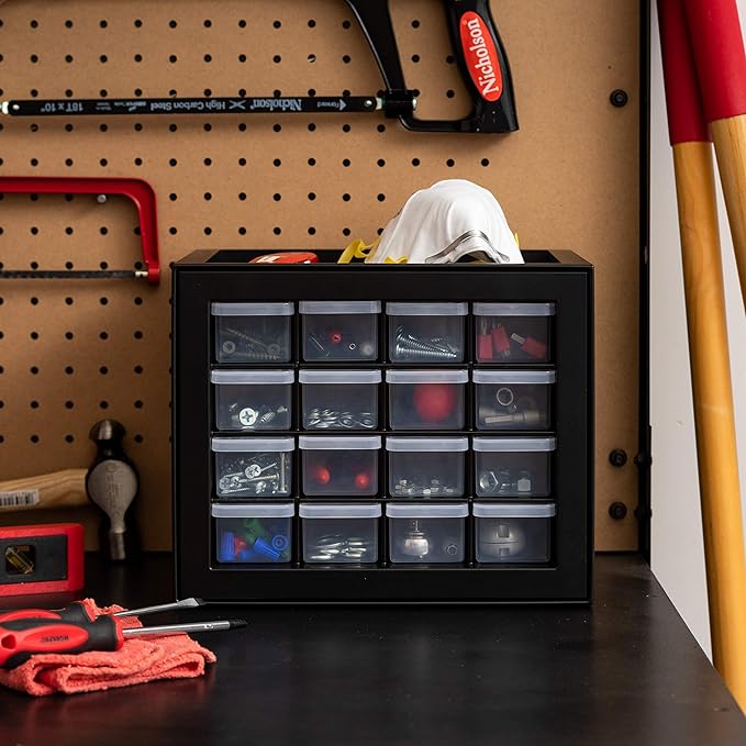 IRIS USA Small Plastic Drawer Organizer, 16-Drawer, Stackable Teacher Toolbox Crayon Small Parts Bead Building Bricks Screw Garage Desk Storage Cabinet, Drink and Water Flavor Packet Organizer, Black