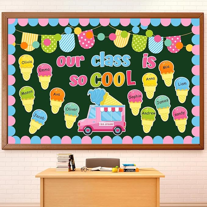 Epakh Summer Ice Cream Bulletin Board Set Our School is So Cool Classroom Decorations Ice Cream Paper Cutouts with Borders for Door Wall School Summer Birthday Party Supplies