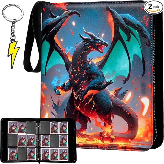 Trading Card Binder 9-Pocket – Premium PU Leather Card Album, Holds 900 Cards, 50 Removable Sleeves, Zippered 3-Ring Case for TCG/Sports Cards + Metal Keychain