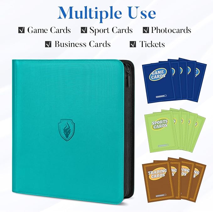 Premium Zip Card Binder 12 Pocket, Fabmaker 912 Pockets Trading Card Binder, PU Zipper Card Collection Album, Sturdy Side-Loading Card Book Holder for Game & Sports Cards, Teal