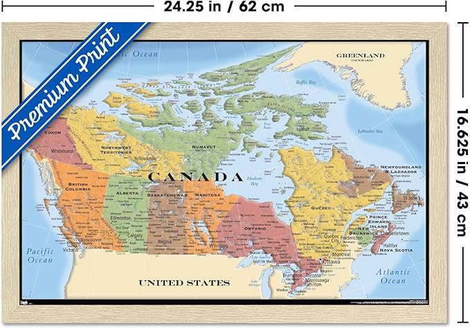 Map - Canada Wall Poster, 22.4L" x 14.7W", Blonde Framed Version