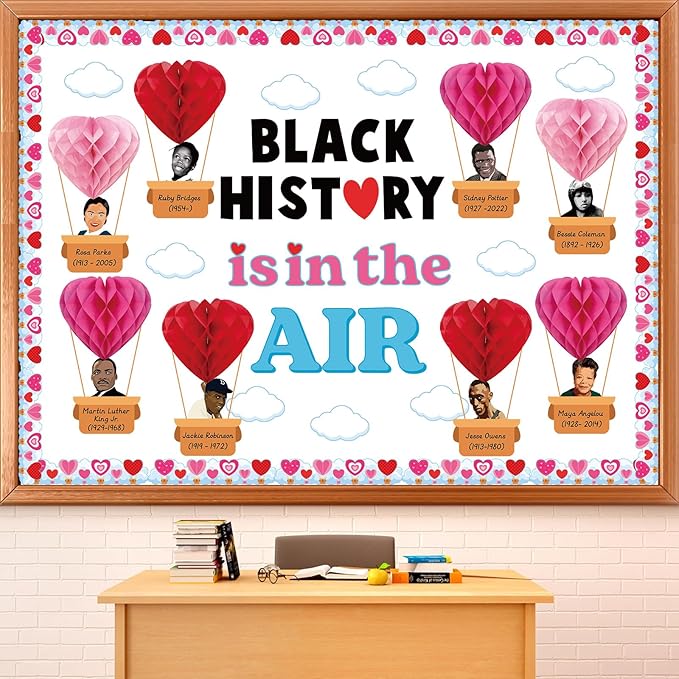 3D Valentine's Day Black History Month Bulletin Board Set Heart Shaped Honeycomb Balls Famous African American Classroom Decoration Inspirational Cutouts for School Home Chalkboard Wall Decor Supplies