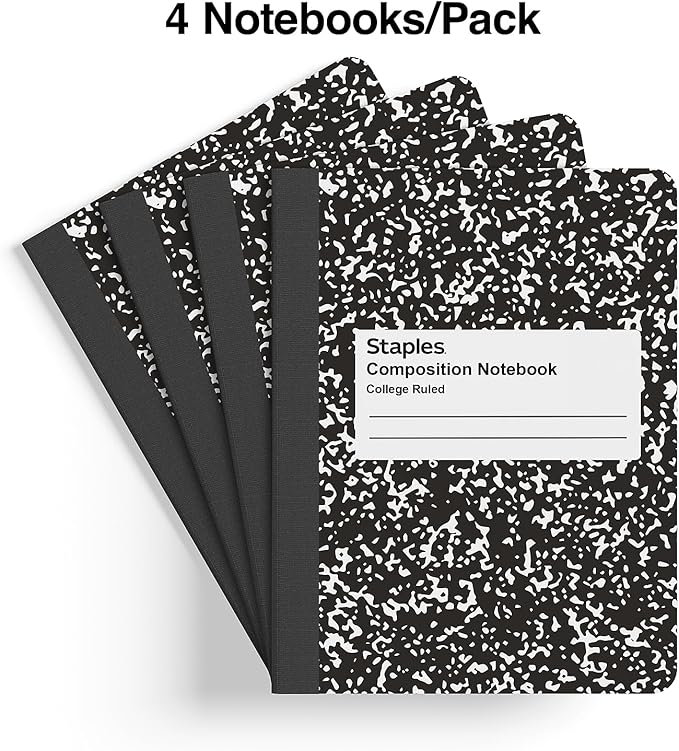 STAPLES Composition Notebook, 7.5” x 9.75”, College Ruled, 100 Sheets, Black/White Marble, 4‑Pack