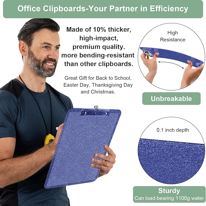 1 Pcs Clear Glitter Clipboards, Plastic Clipboard with Pen Holder,Size 8.85 x 12.4 in Shiny Clipboards with Low Profile Clip,Cute Hanging Clipboard for Office Supplies Sparkly Clip Board-Navy Blue