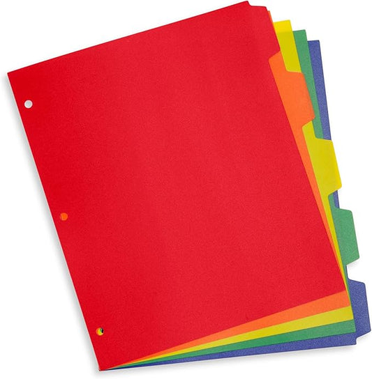 Blue Summit Supplies 5 Tab Heavy Duty Plastic Dividers for 3 Ring Binder, 15 Pack, Assorted Colors, 5 Tab Index Plastic Binder Dividers with Tabs and 3 Hole Punch, for Notebooks, Letter Size