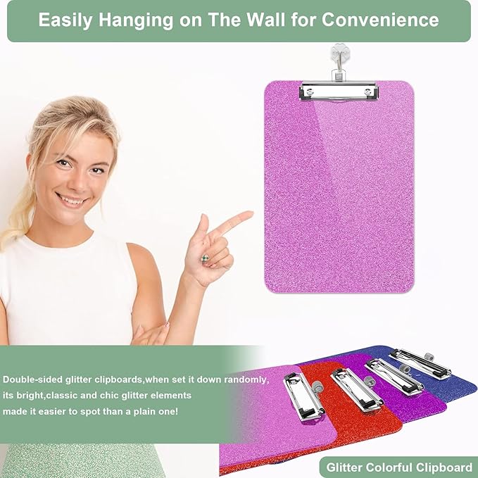 1 Pcs Clear Glitter Clipboards, Plastic Clipboard with Pen Holder,Size 8.85 x 12.4 in Shiny Clipboards with Low Profile Clip,Cute Hanging Clipboard for Office Supplies Sparkly Clip Board-Rose Pink