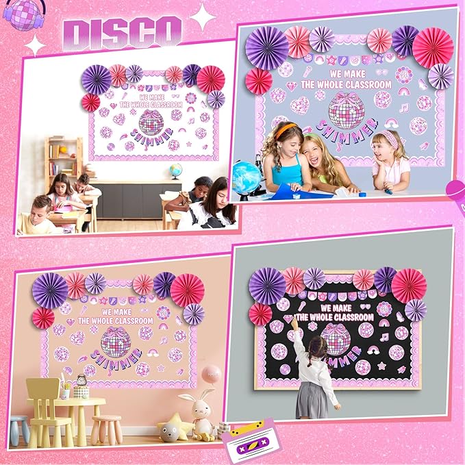 Eersida Spring Bulletin Board Decorations with Paper Fans St Patricks Day 3D Classroom Bulletin Board Christian Easter Flower Bunny Cutouts School VBS Library Church Window Wall Decor(Pink Disco)