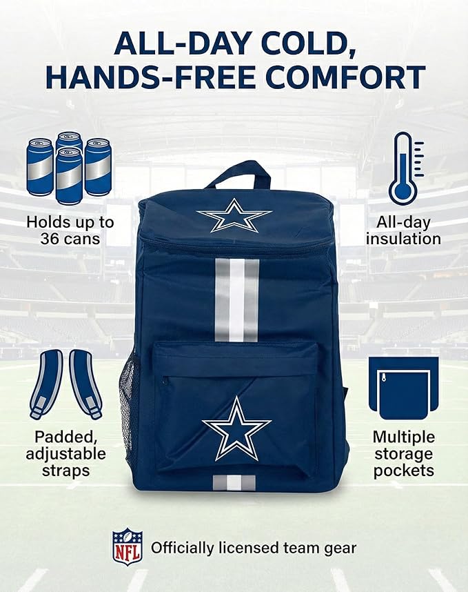 Cooler Backpack – Portable Soft Sided Ice Chest – Insulated Bag Holds 36 Cans - Football Gear – Show Your Team Spirit with Officially Licensed Fan Gear